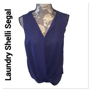 LAUNDRY SHELLI SEGAL Navy Blue Semi Sheer Sleeveless Blouse size small